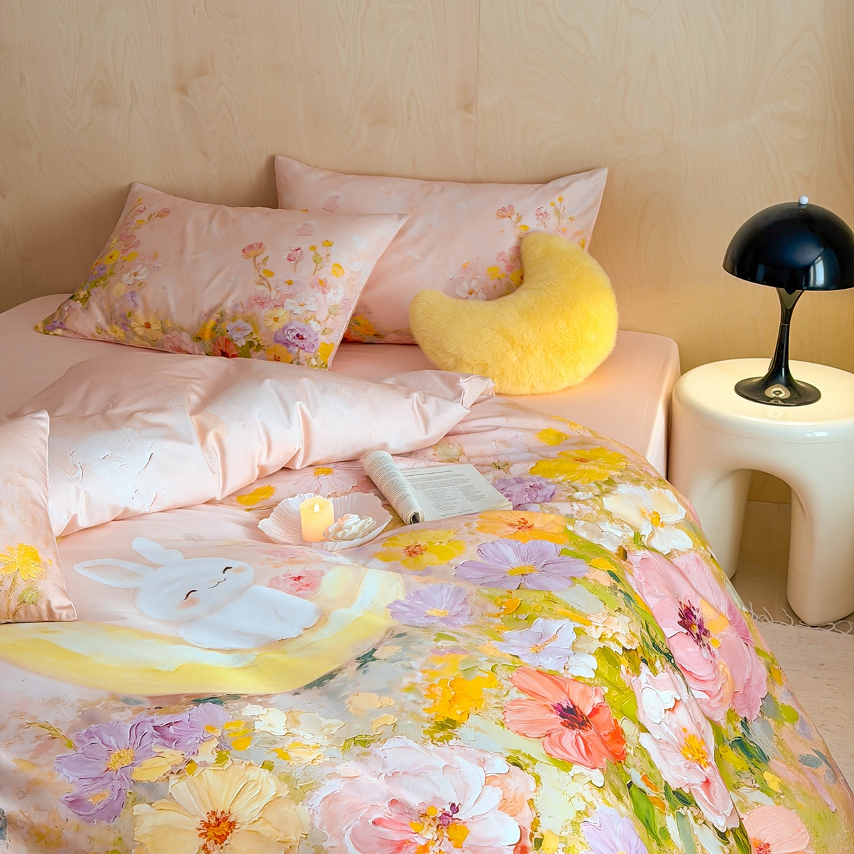 91家纺网 家纺一手货源 找家纺 西西家居 2026新款100s数码印花款长绒棉四件套-春日治愈款 油画小兔