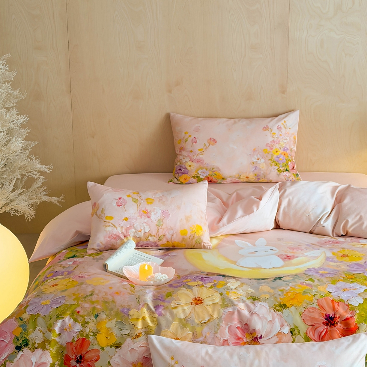 91家纺网 家纺一手货源 找家纺 西西家居 2026新款100s数码印花款长绒棉四件套-春日治愈款 油画小兔