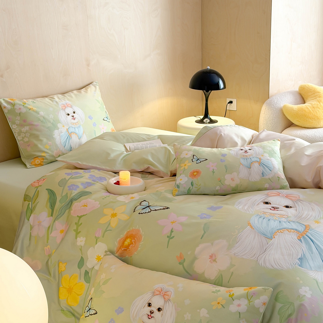 91家纺网 家纺一手货源 找家纺 西西家居 2026新款100s数码印花款长绒棉四件套-春日治愈款 花园小狗