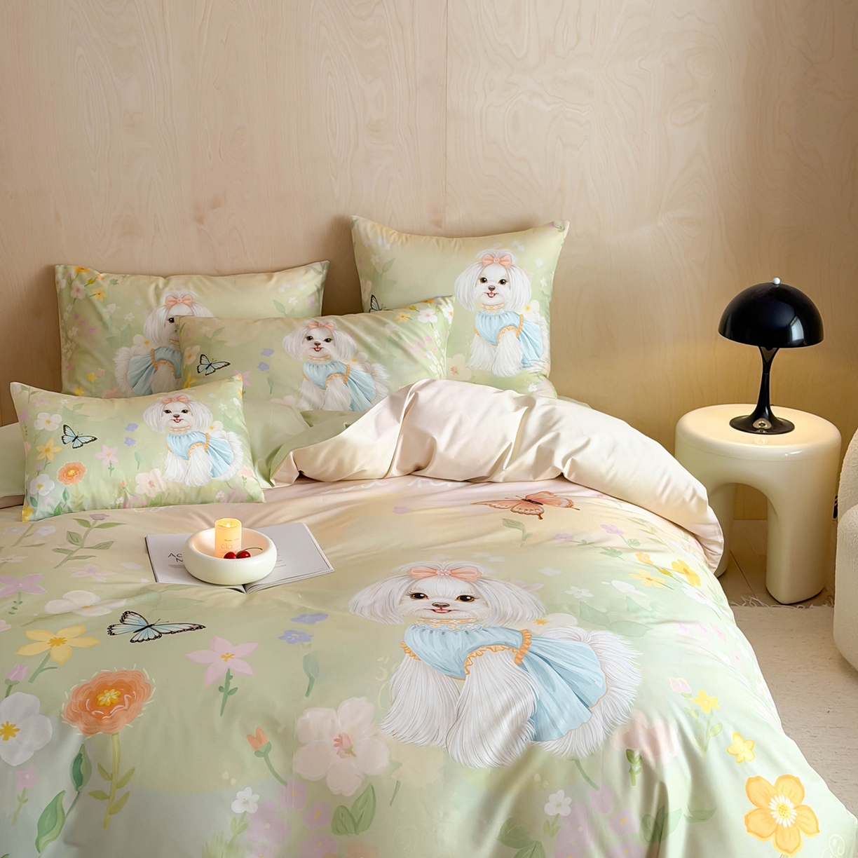 91家纺网 家纺一手货源 找家纺 西西家居 2026新款100s数码印花款长绒棉四件套-春日治愈款 花园小狗