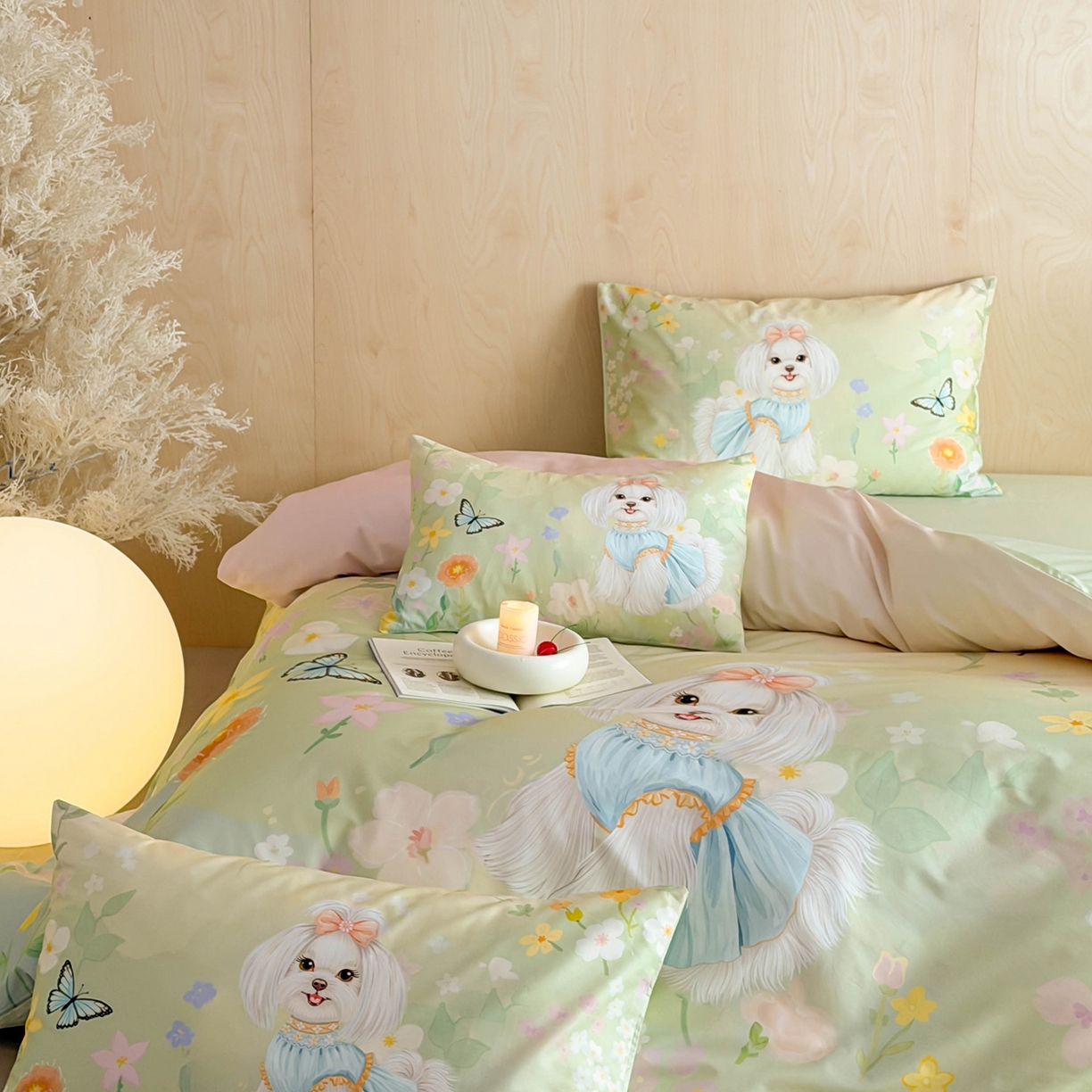 91家纺网 家纺一手货源 找家纺 西西家居 2026新款100s数码印花款长绒棉四件套-春日治愈款 花园小狗