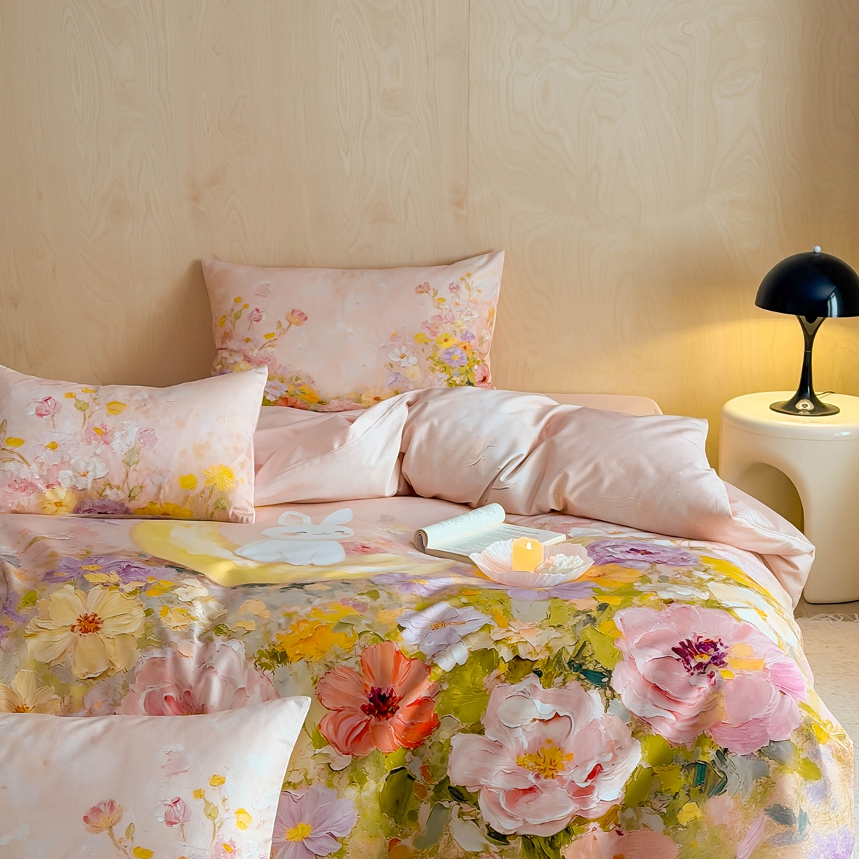 91家纺网 家纺一手货源 找家纺 西西家居 2026新款100s数码印花款长绒棉四件套-春日治愈款 油画小兔