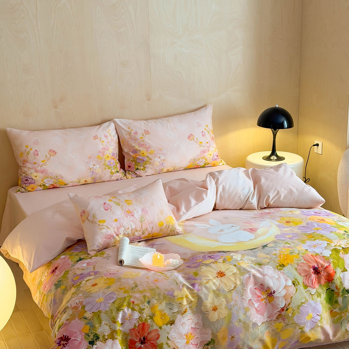 91家纺网 家纺一手货源 找家纺 西西家居 2026新款100s数码印花款长绒棉四件套-春日治愈款 油画小兔