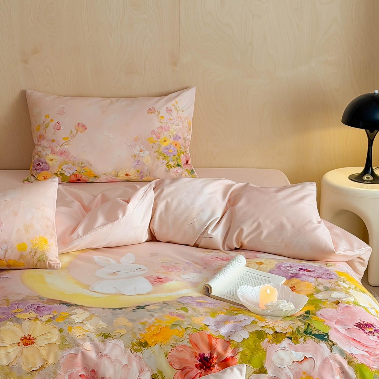 91家纺网 家纺一手货源 找家纺 西西家居 2026新款100s数码印花款长绒棉四件套-春日治愈款 油画小兔