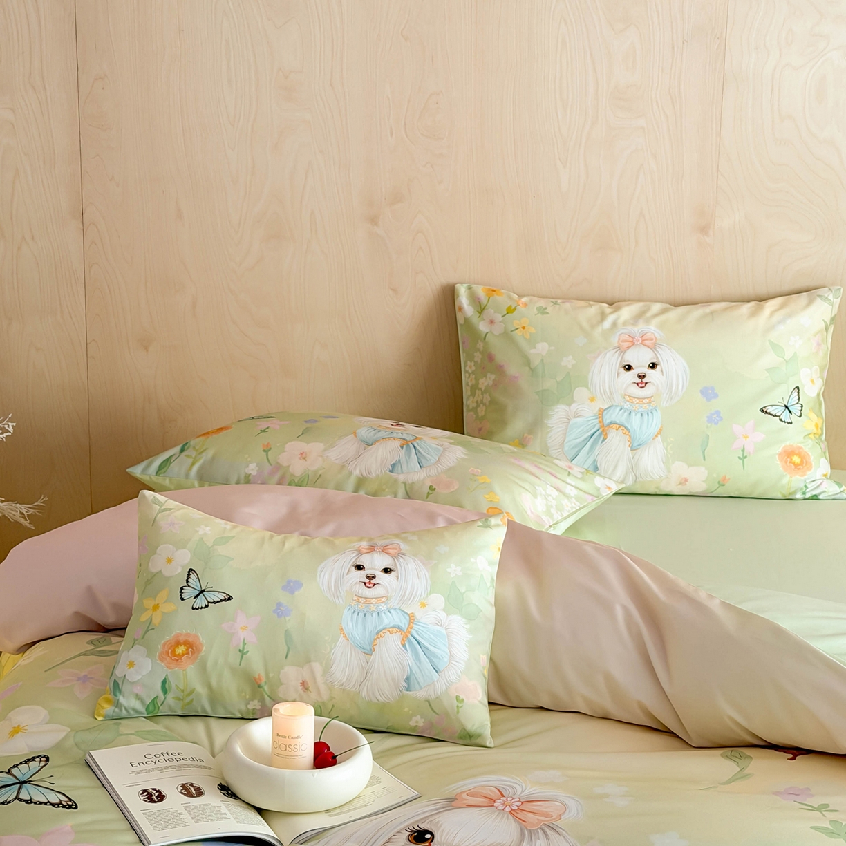 91家纺网 家纺一手货源 找家纺 西西家居 2026新款100s数码印花款长绒棉四件套-春日治愈款 花园小狗