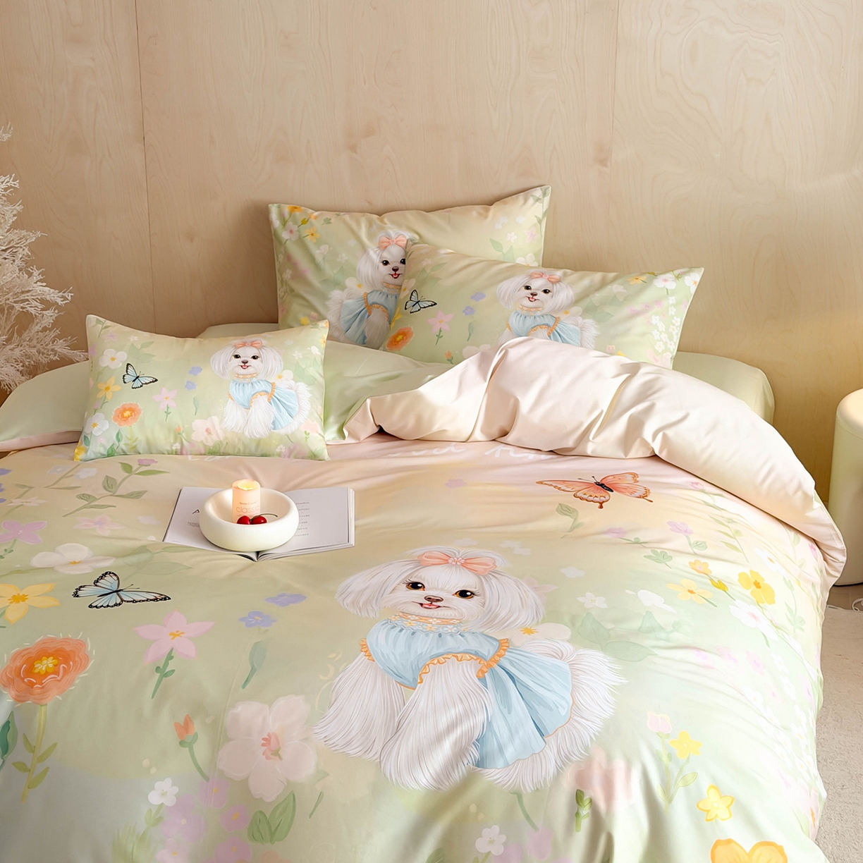 91家纺网 家纺一手货源 找家纺 西西家居 2026新款100s数码印花款长绒棉四件套-春日治愈款 花园小狗