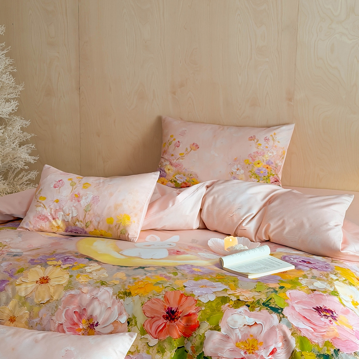 91家纺网 家纺一手货源 找家纺 西西家居 2026新款100s数码印花款长绒棉四件套-春日治愈款 油画小兔