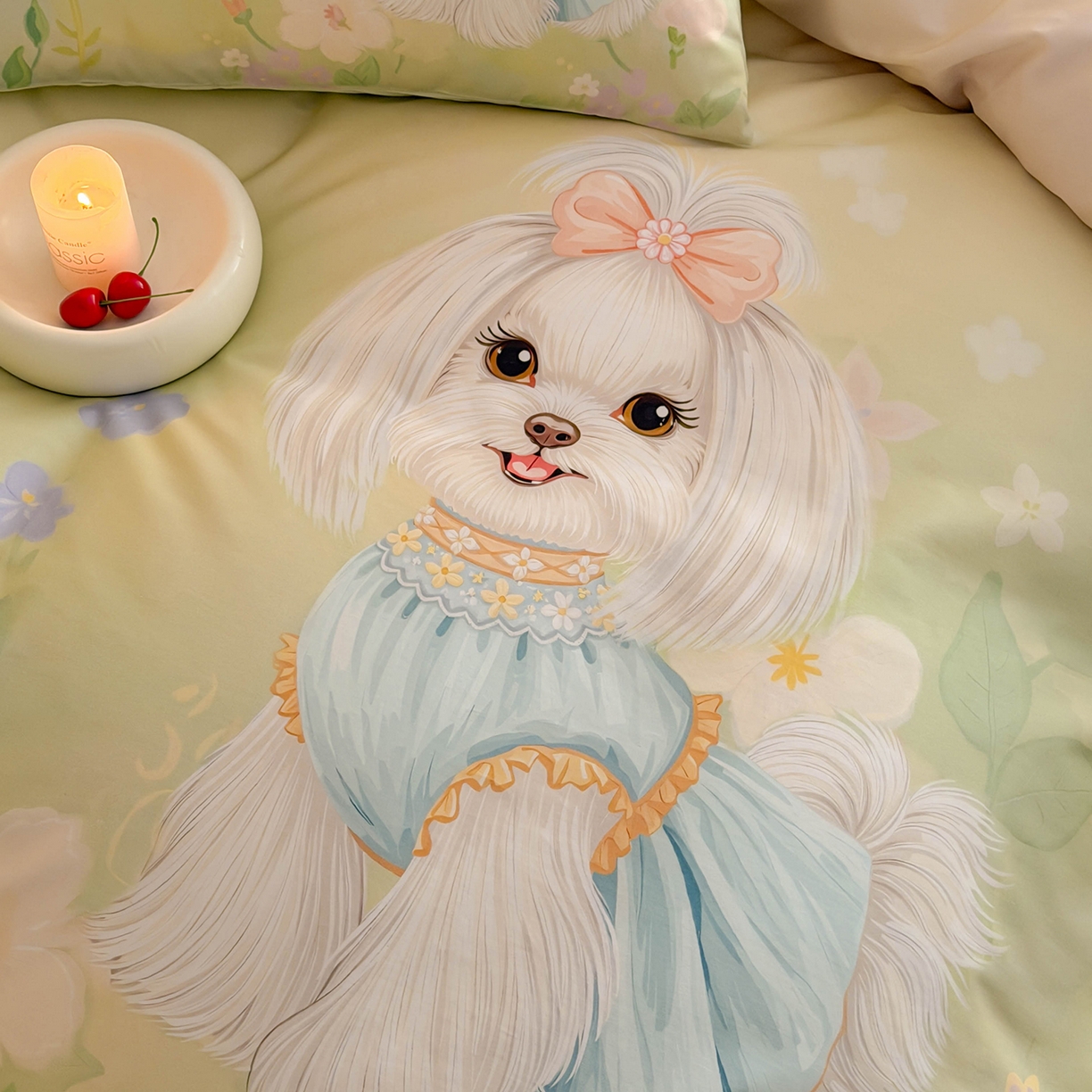 91家纺网 家纺一手货源 找家纺 西西家居 2026新款100s数码印花款长绒棉四件套-春日治愈款 花园小狗