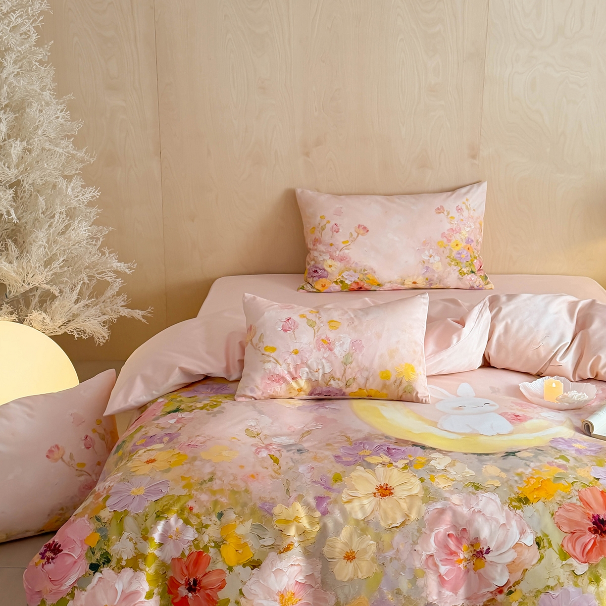 91家纺网 家纺一手货源 找家纺 西西家居 2026新款100s数码印花款长绒棉四件套-春日治愈款 油画小兔