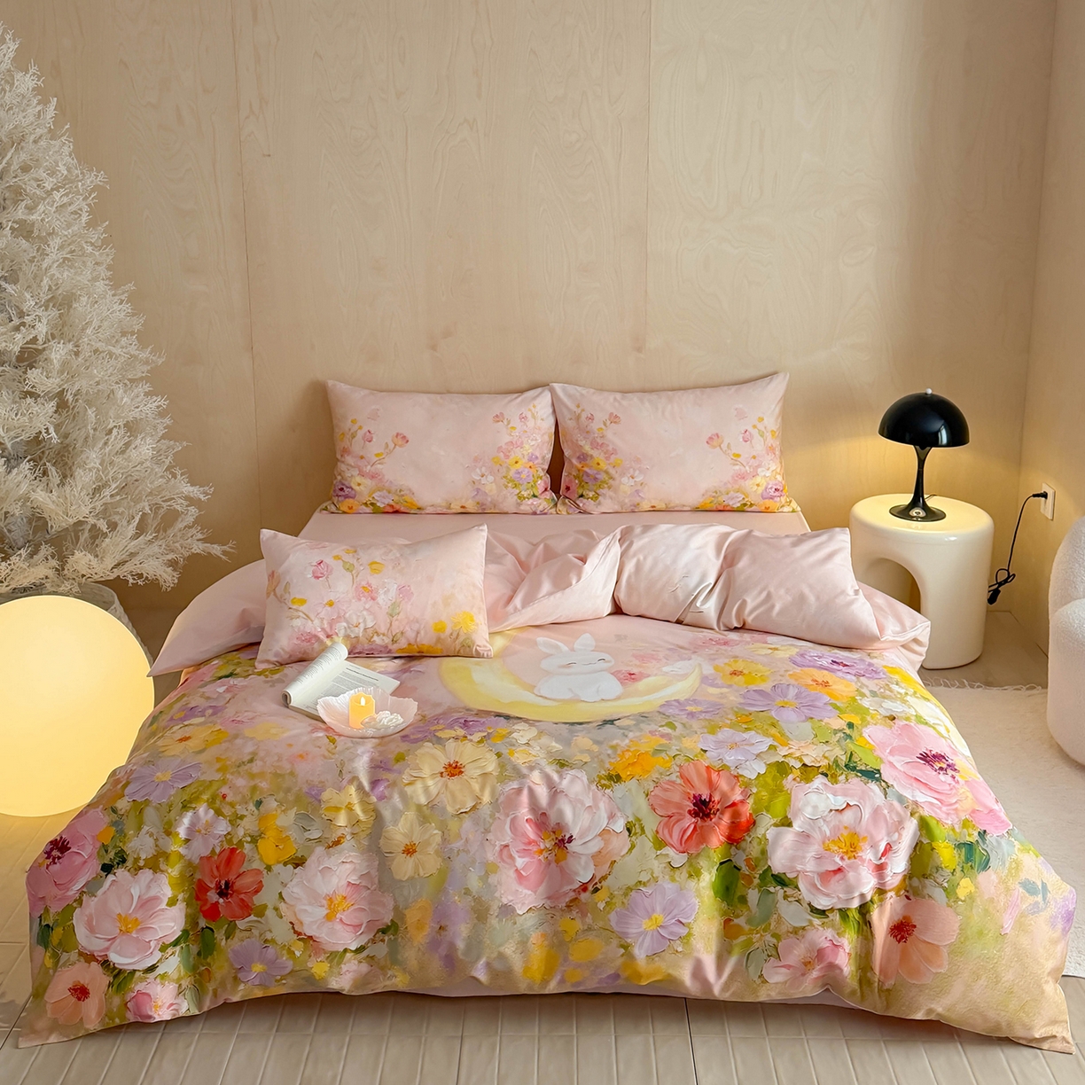 西西家居 2026新款100s数码印花款长绒棉四件套-春日治愈款 油画小兔