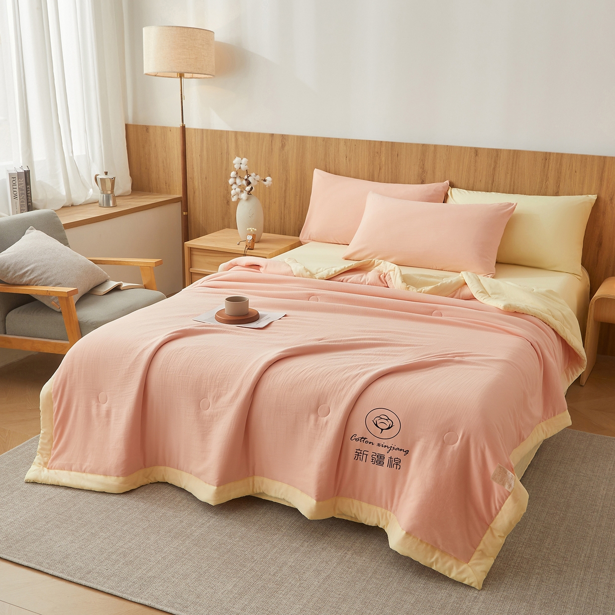 91家纺网 家纺一手货源 找家纺 晓时候 2026新款无印风水洗棉新疆棉花被夏被夏凉被空调被子 素夏-粉黄