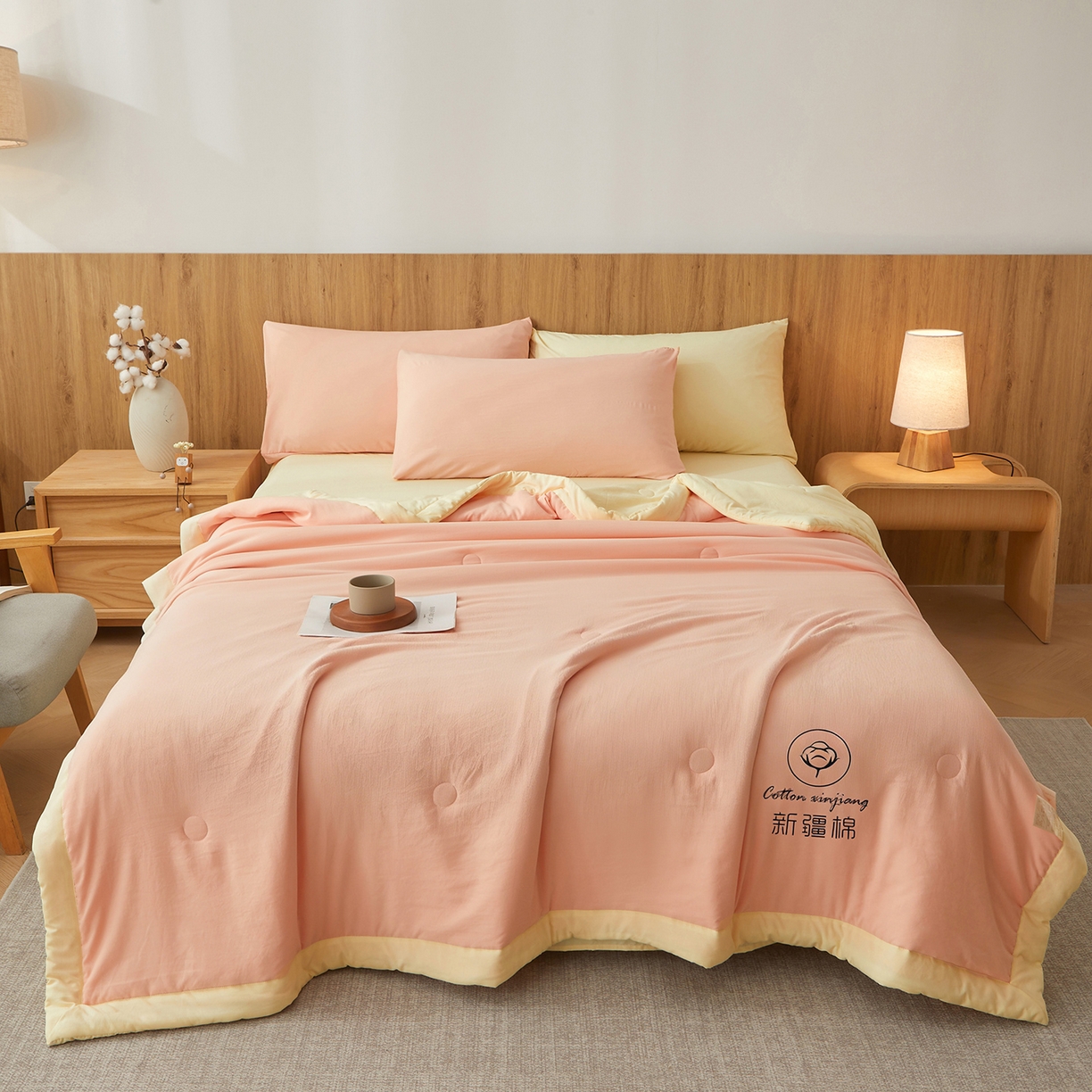 91家纺网 家纺一手货源 找家纺 晓时候 2026新款无印风水洗棉新疆棉花被夏被夏凉被空调被子 素夏-粉黄