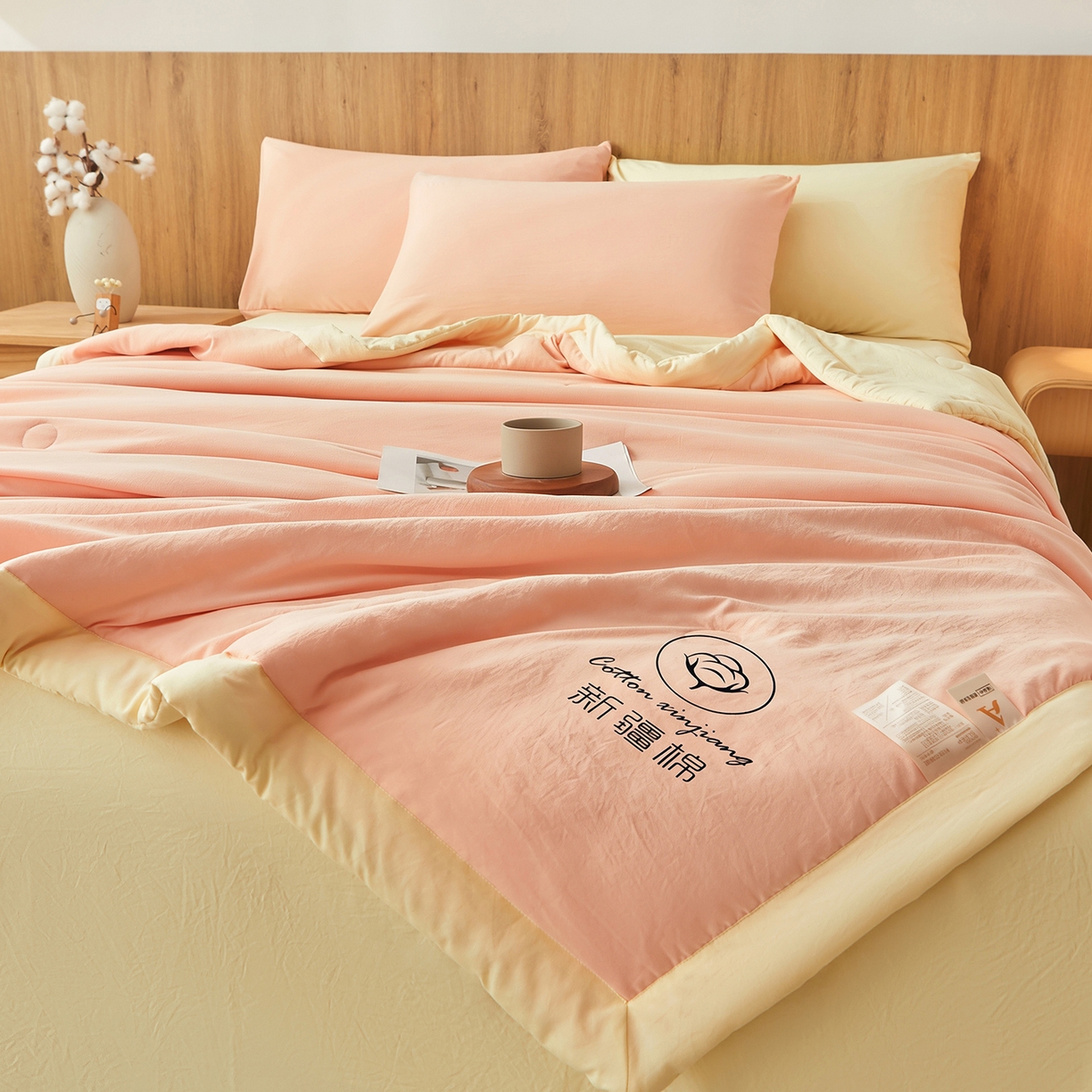 91家纺网 家纺一手货源 找家纺 晓时候 2026新款无印风水洗棉新疆棉花被夏被夏凉被空调被子 素夏-粉黄