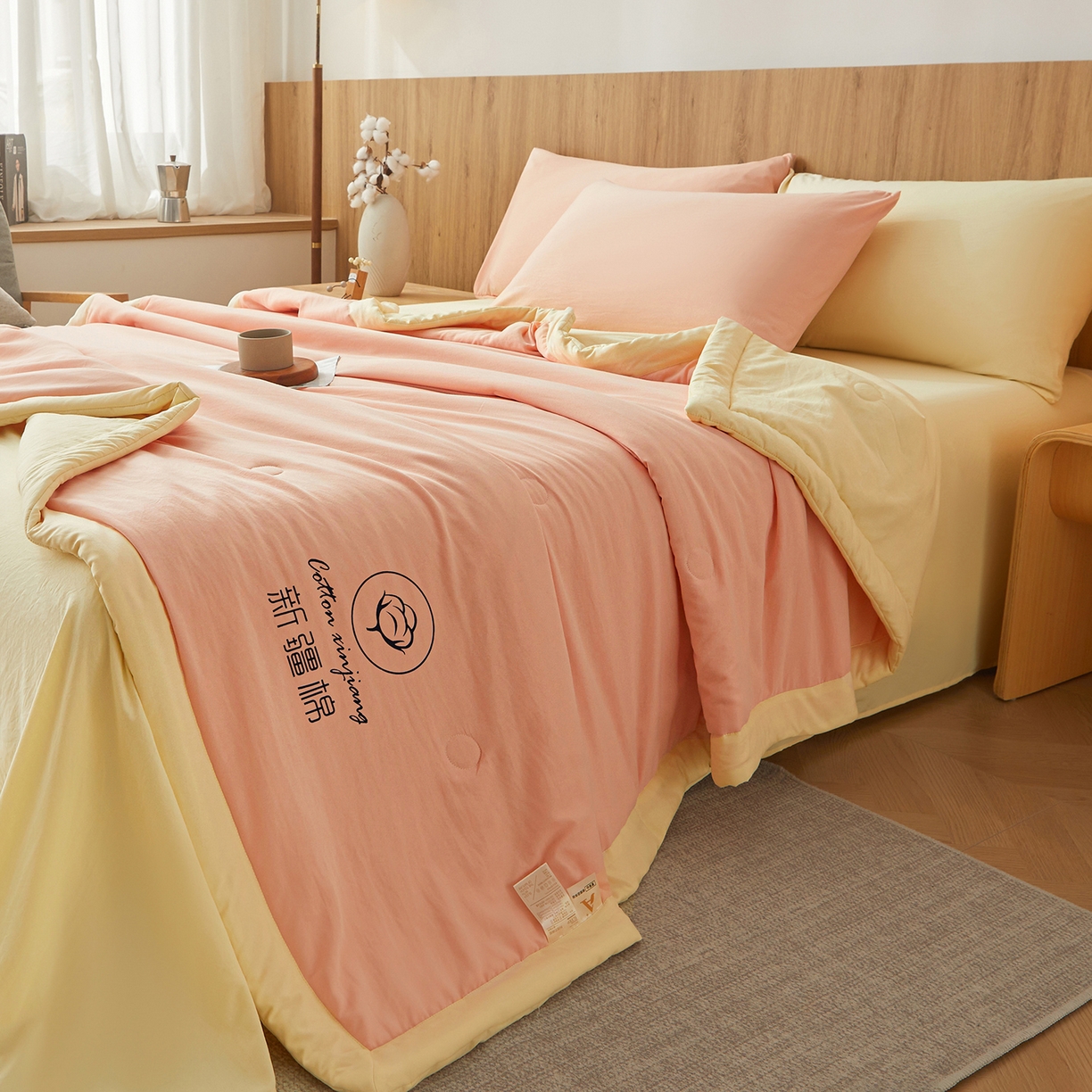 91家纺网 家纺一手货源 找家纺 晓时候 2026新款无印风水洗棉新疆棉花被夏被夏凉被空调被子 素夏-粉黄