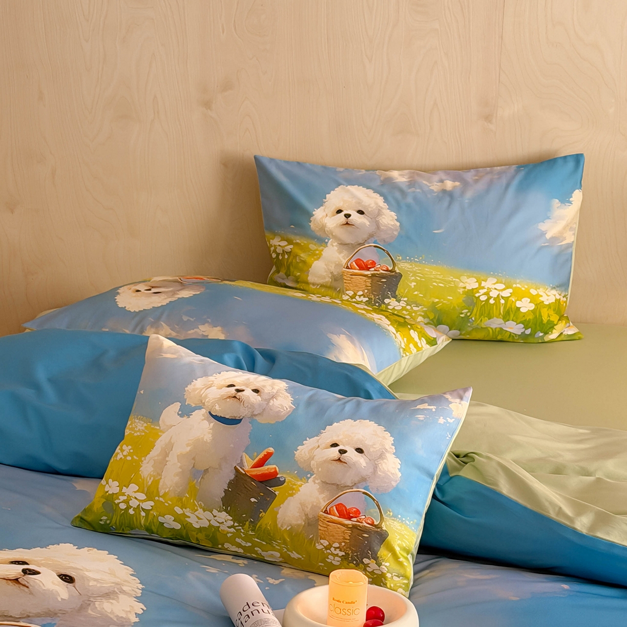 91家纺网 家纺一手货源 找家纺 西西家居 2026新款100s数码印花款长绒棉四件套-春日治愈款 蓝天小狗