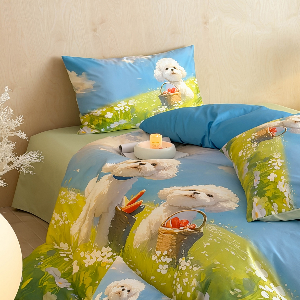 91家纺网 家纺一手货源 找家纺 西西家居 2026新款100s数码印花款长绒棉四件套-春日治愈款 蓝天小狗