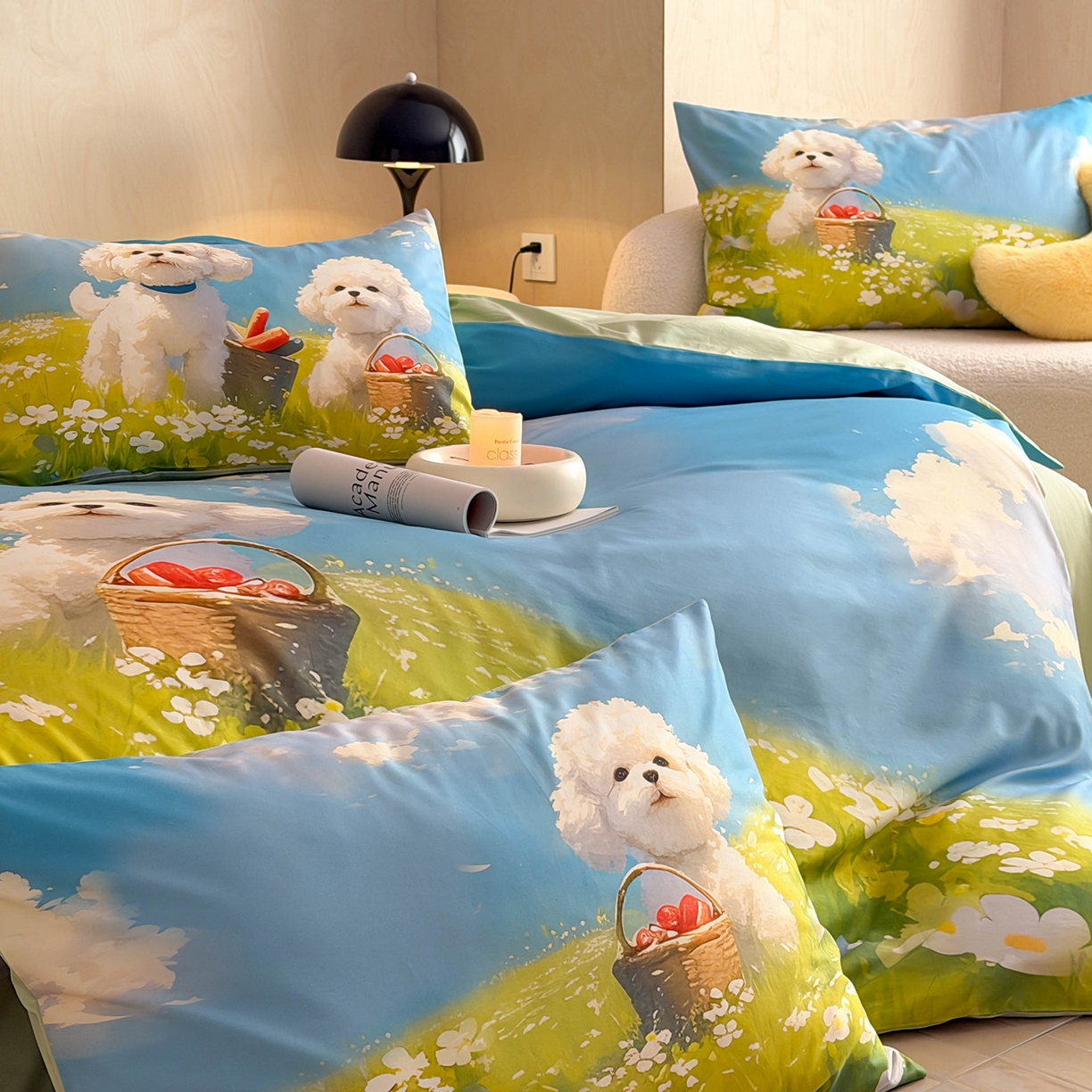 91家纺网 家纺一手货源 找家纺 西西家居 2026新款100s数码印花款长绒棉四件套-春日治愈款 蓝天小狗