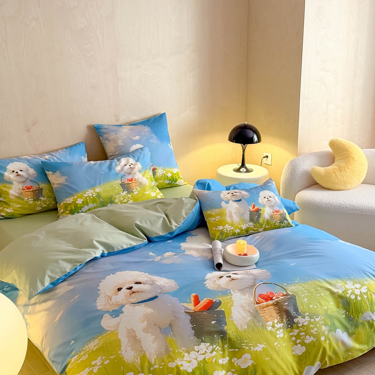 91家纺网 家纺一手货源 找家纺 西西家居 2026新款100s数码印花款长绒棉四件套-春日治愈款 蓝天小狗