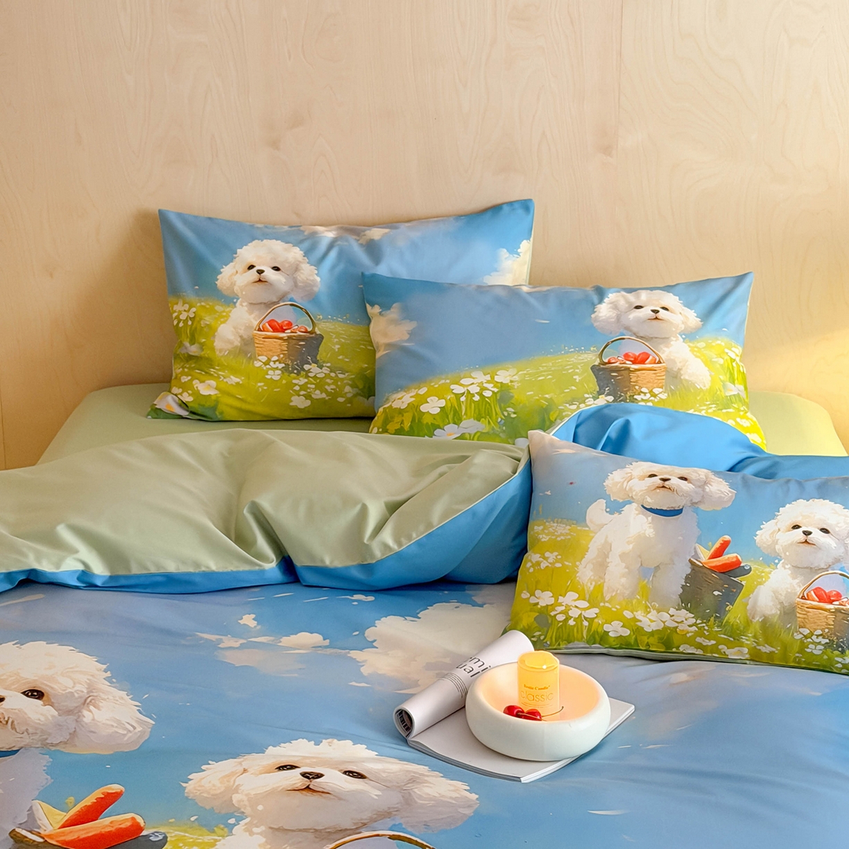 91家纺网 家纺一手货源 找家纺 西西家居 2026新款100s数码印花款长绒棉四件套-春日治愈款 蓝天小狗