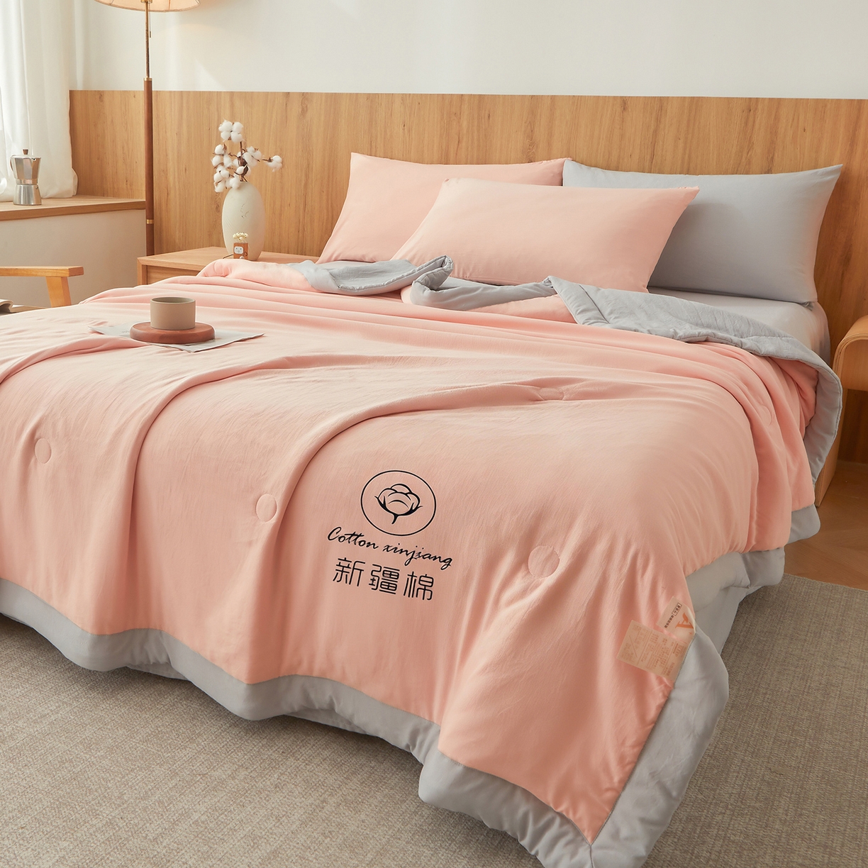 91家纺网 家纺一手货源 找家纺 晓时候 2026新款无印风水洗棉新疆棉花被夏被夏凉被空调被子 素夏-粉灰