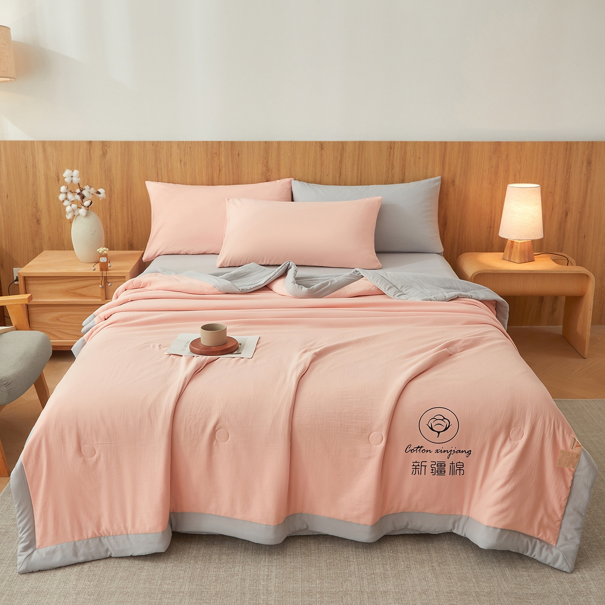 91家纺网 家纺一手货源 找家纺 晓时候 2026新款无印风水洗棉新疆棉花被夏被夏凉被空调被子 素夏-粉灰