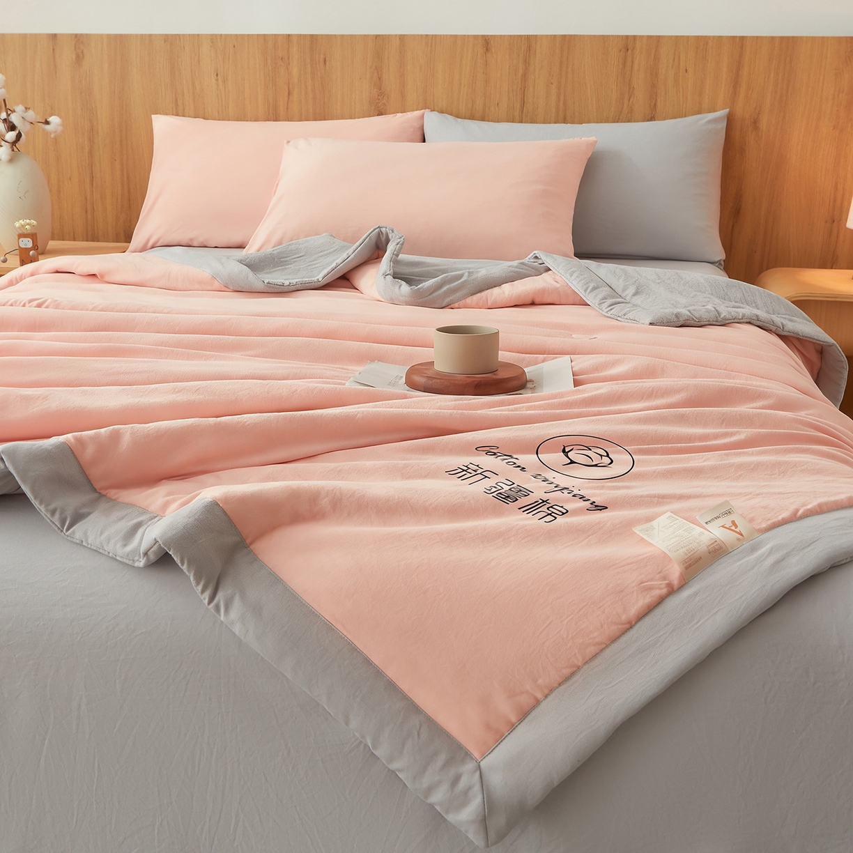 91家纺网 家纺一手货源 找家纺 晓时候 2026新款无印风水洗棉新疆棉花被夏被夏凉被空调被子 素夏-粉灰