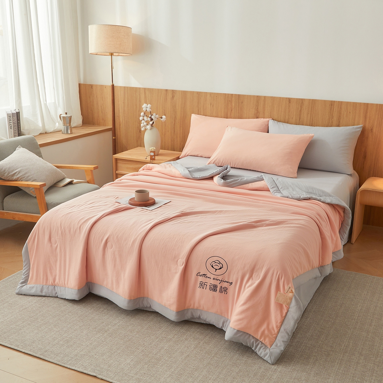 91家纺网 家纺一手货源 找家纺 晓时候 2026新款无印风水洗棉新疆棉花被夏被夏凉被空调被子 素夏-粉灰