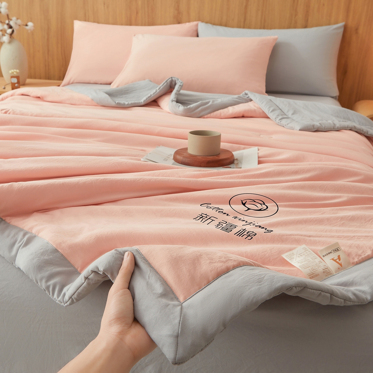 91家纺网 家纺一手货源 找家纺 晓时候 2026新款无印风水洗棉新疆棉花被夏被夏凉被空调被子 素夏-粉灰