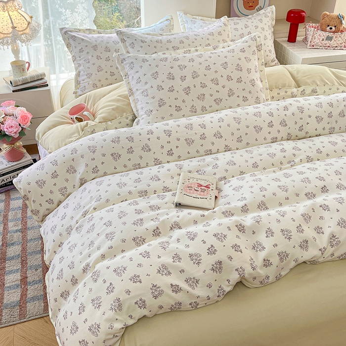 91家纺网 家纺一手货源 找家纺 世爵 2026春夏新款亲肤磨毛印花四件套 素卉 米黄