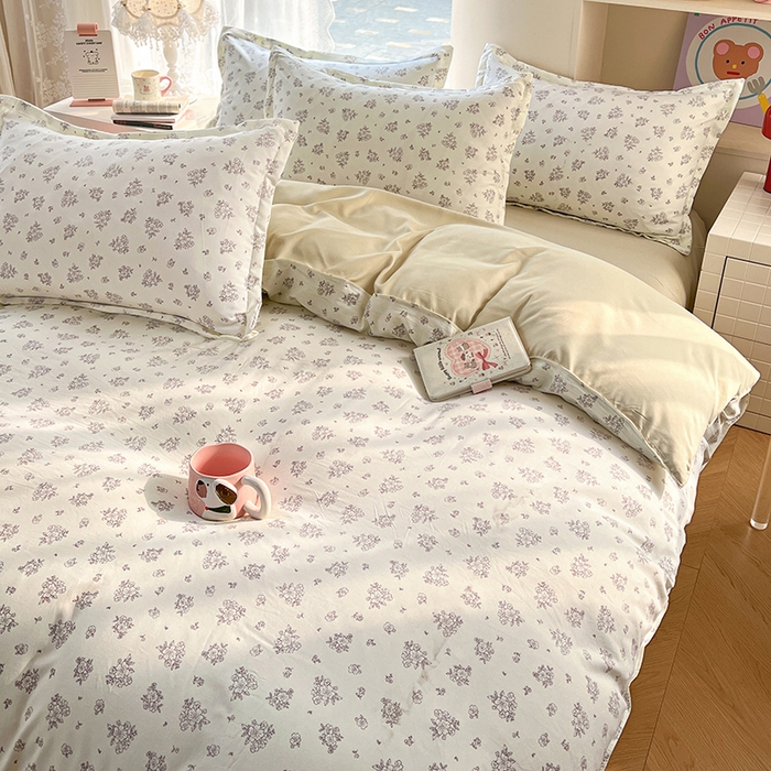 91家纺网 家纺一手货源 找家纺 世爵 2026春夏新款亲肤磨毛印花四件套 素卉 米黄