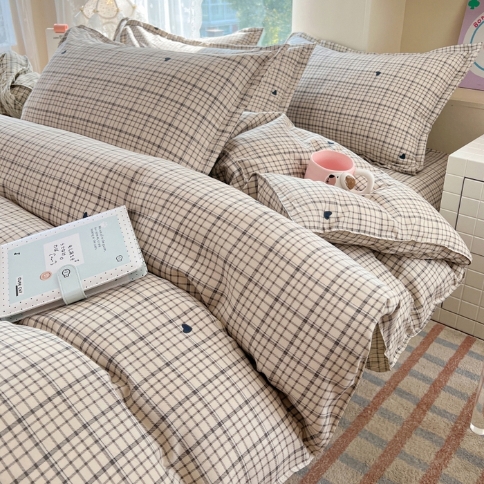 世爵 2026春夏新款亲肤磨毛印花四件套 甜心格子