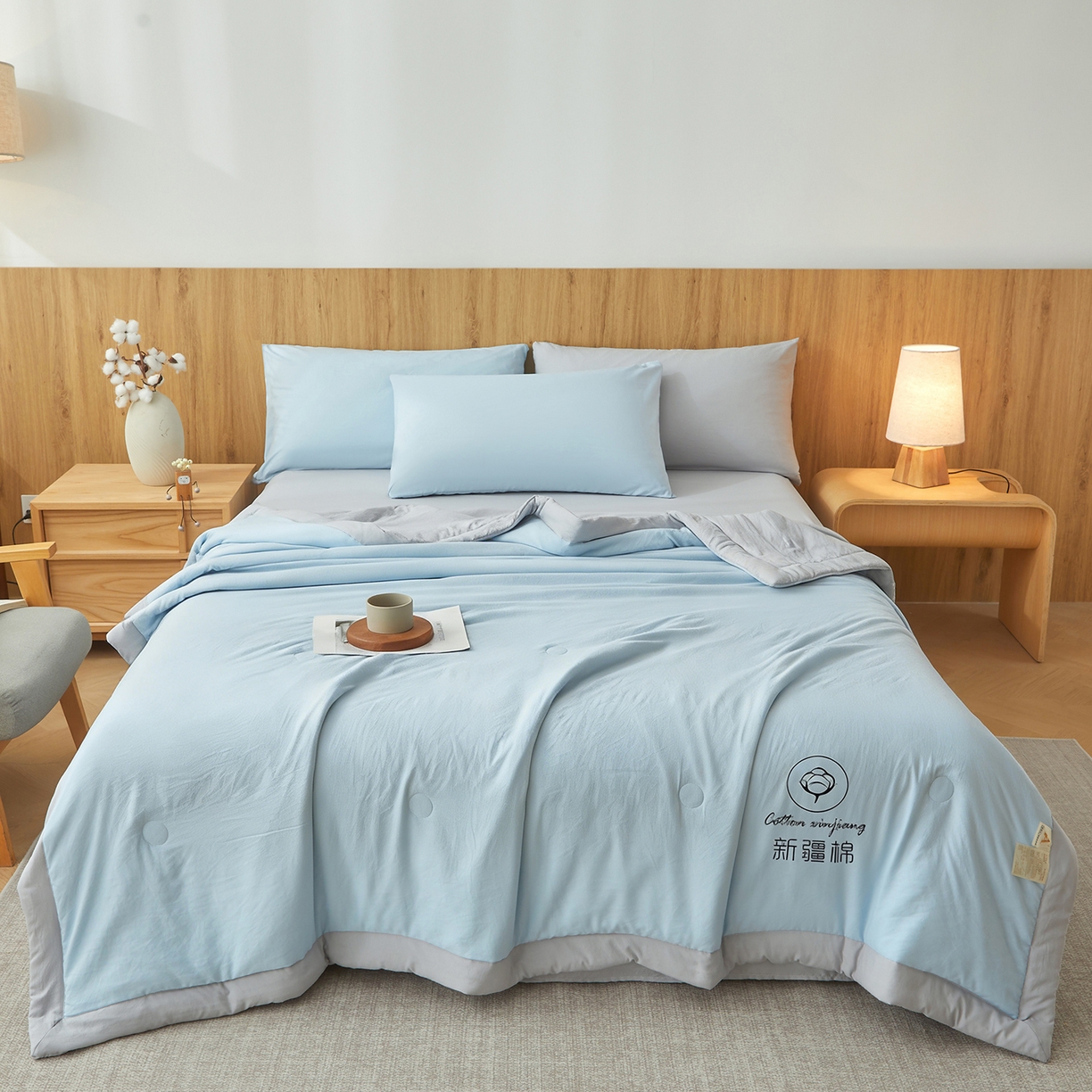 91家纺网 家纺一手货源 找家纺 晓时候 2026新款无印风水洗棉新疆棉花被夏被夏凉被空调被子 素夏-蓝灰
