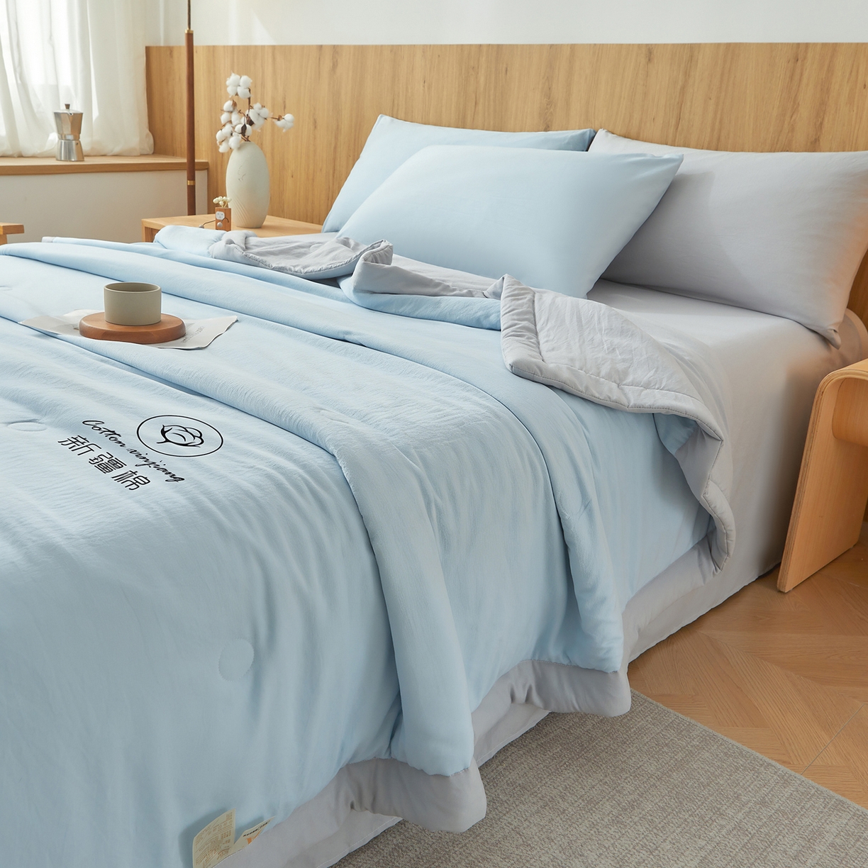 91家纺网 家纺一手货源 找家纺 晓时候 2026新款无印风水洗棉新疆棉花被夏被夏凉被空调被子 素夏-蓝灰