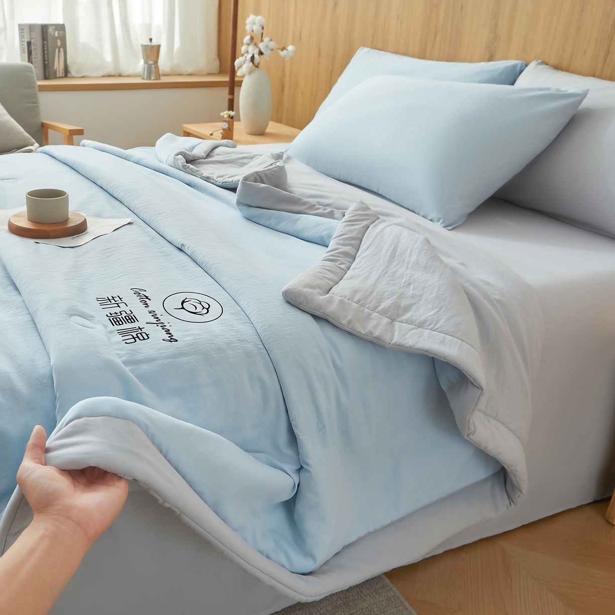 91家纺网 家纺一手货源 找家纺 晓时候 2026新款无印风水洗棉新疆棉花被夏被夏凉被空调被子 素夏-蓝灰