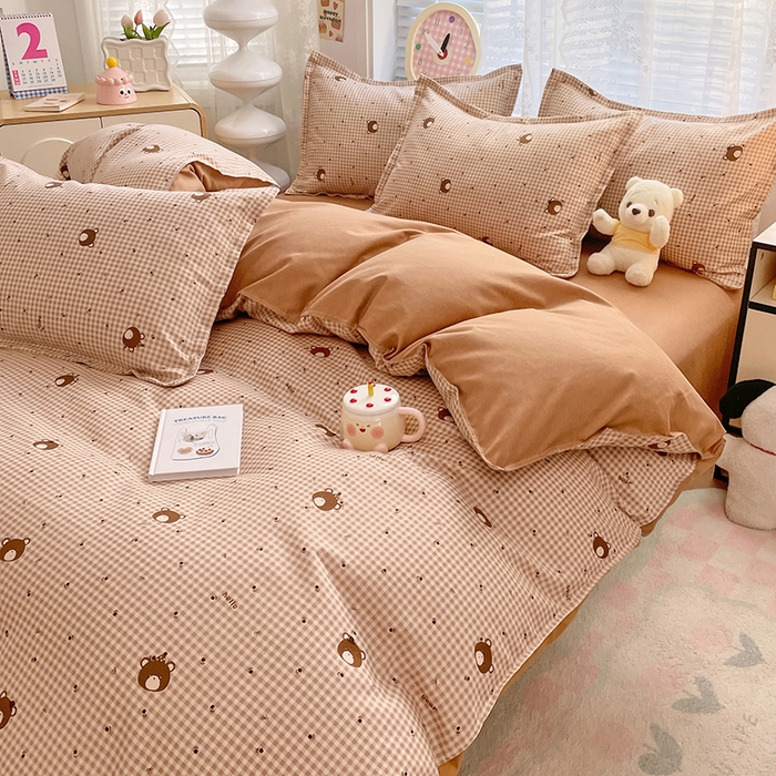 91家纺网 家纺一手货源 找家纺 世爵 2026春夏新款亲肤磨毛印花四件套 熊仔格