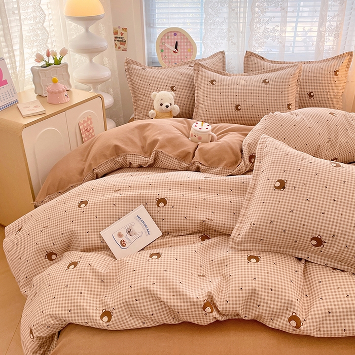 91家纺网 家纺一手货源 找家纺 世爵 2026春夏新款亲肤磨毛印花四件套 熊仔格