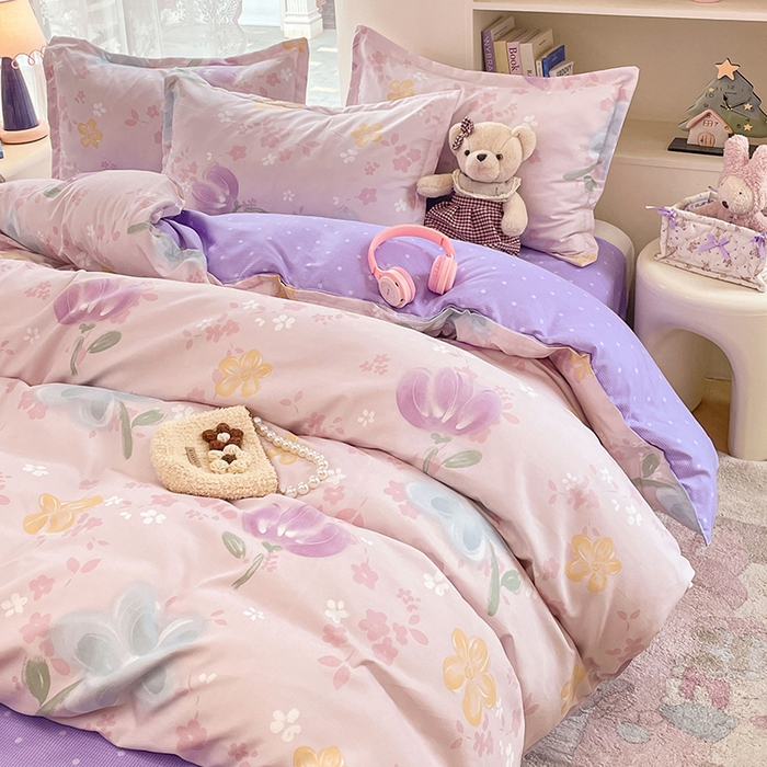 91家纺网 家纺一手货源 找家纺 世爵 2026春夏新款亲肤磨毛印花四件套 晴光花叙粉