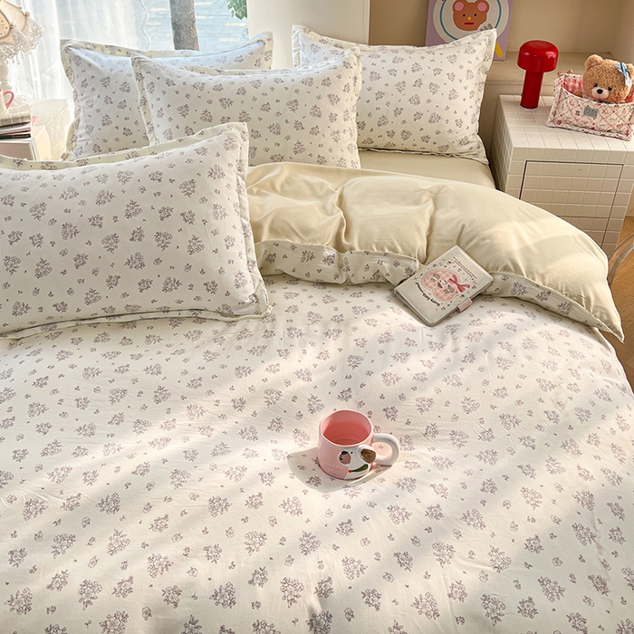 91家纺网 家纺一手货源 找家纺 世爵 2026春夏新款亲肤磨毛印花四件套 素卉 米黄