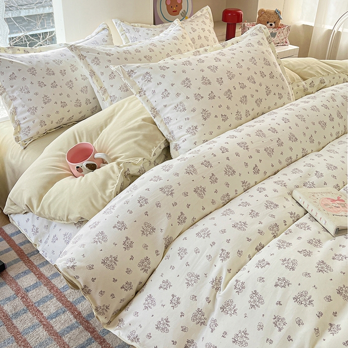 91家纺网 家纺一手货源 找家纺 世爵 2026春夏新款亲肤磨毛印花四件套 素卉 米黄