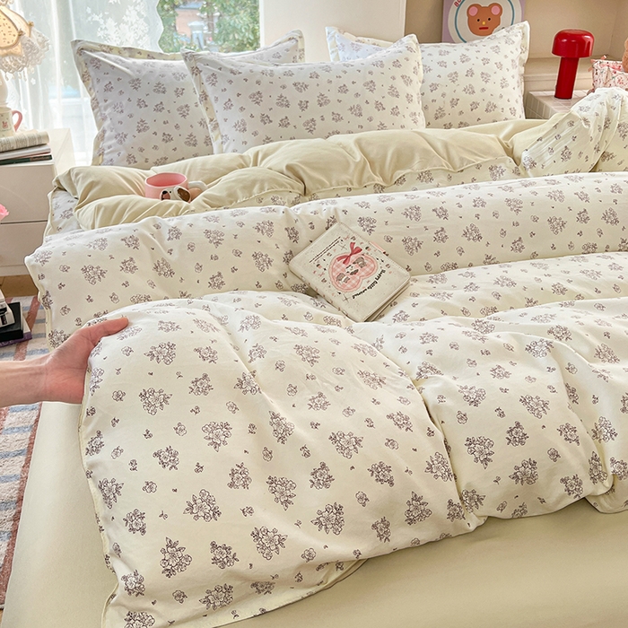 91家纺网 家纺一手货源 找家纺 世爵 2026春夏新款亲肤磨毛印花四件套 素卉 米黄