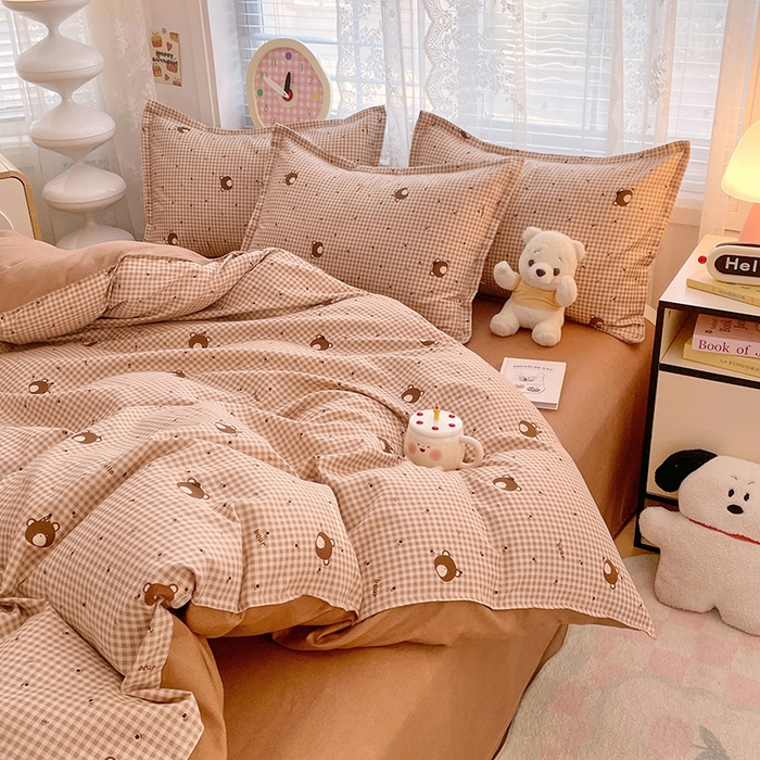 91家纺网 家纺一手货源 找家纺 世爵 2026春夏新款亲肤磨毛印花四件套 熊仔格