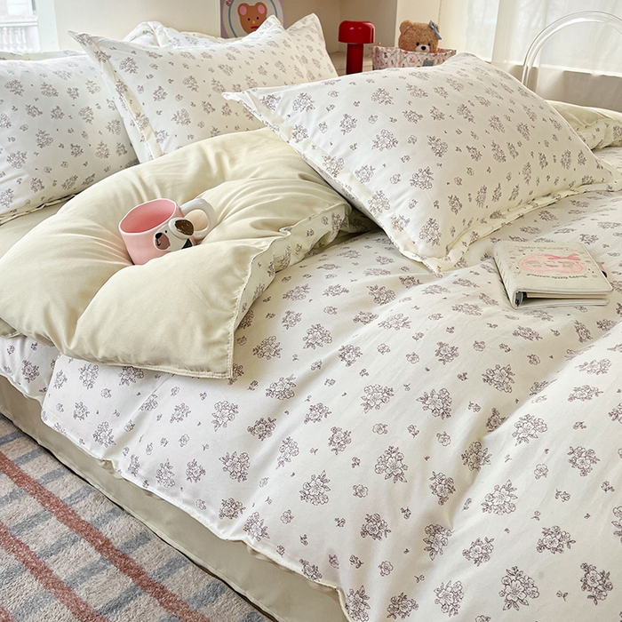 91家纺网 家纺一手货源 找家纺 世爵 2026春夏新款亲肤磨毛印花四件套 素卉 米黄