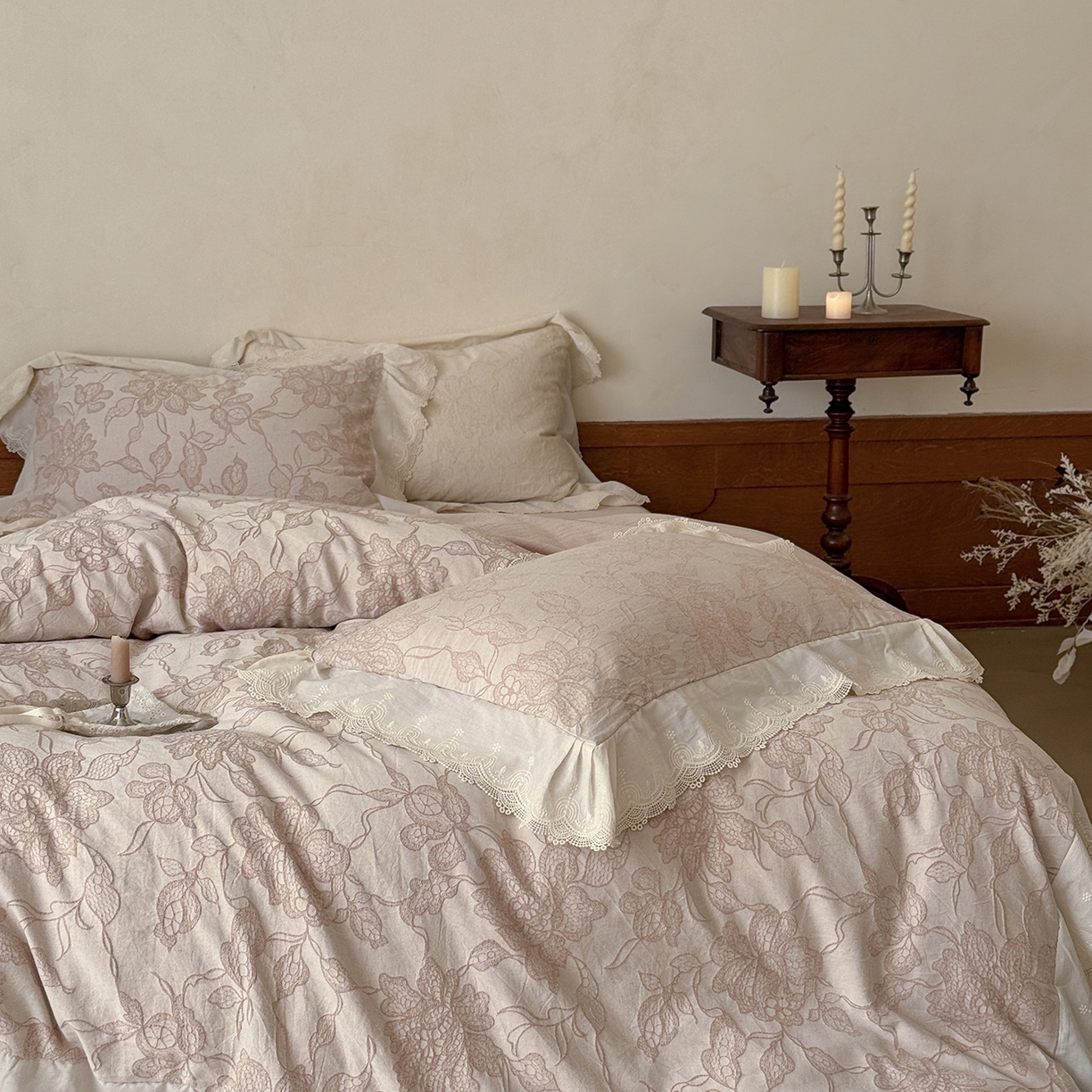 91家纺网 家纺一手货源 找家纺 MIU缪家居 2026新款色织提花棉麻四件套-月光织锦 粉色