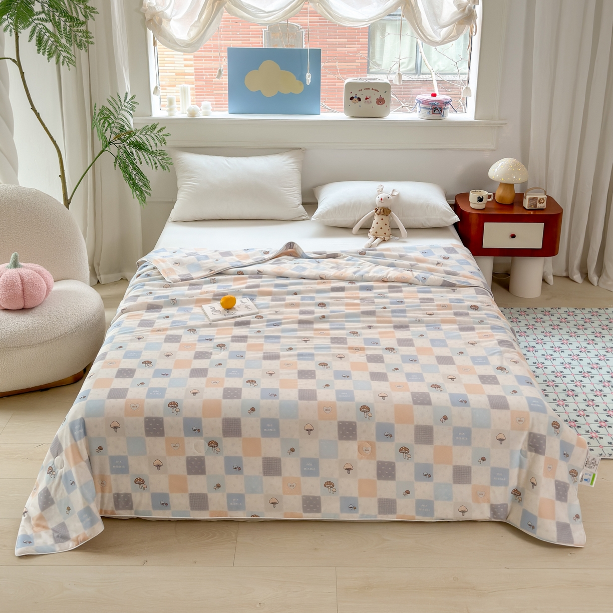 91家纺网 家纺一手货源 找家纺 雯雨家纺 2026新款A类凉感丝夏被夏凉被空调被 格子蘑菇屋