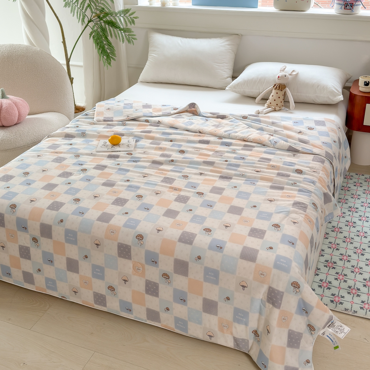 91家纺网 家纺一手货源 找家纺 雯雨家纺 2026新款A类凉感丝夏被夏凉被空调被 格子蘑菇屋