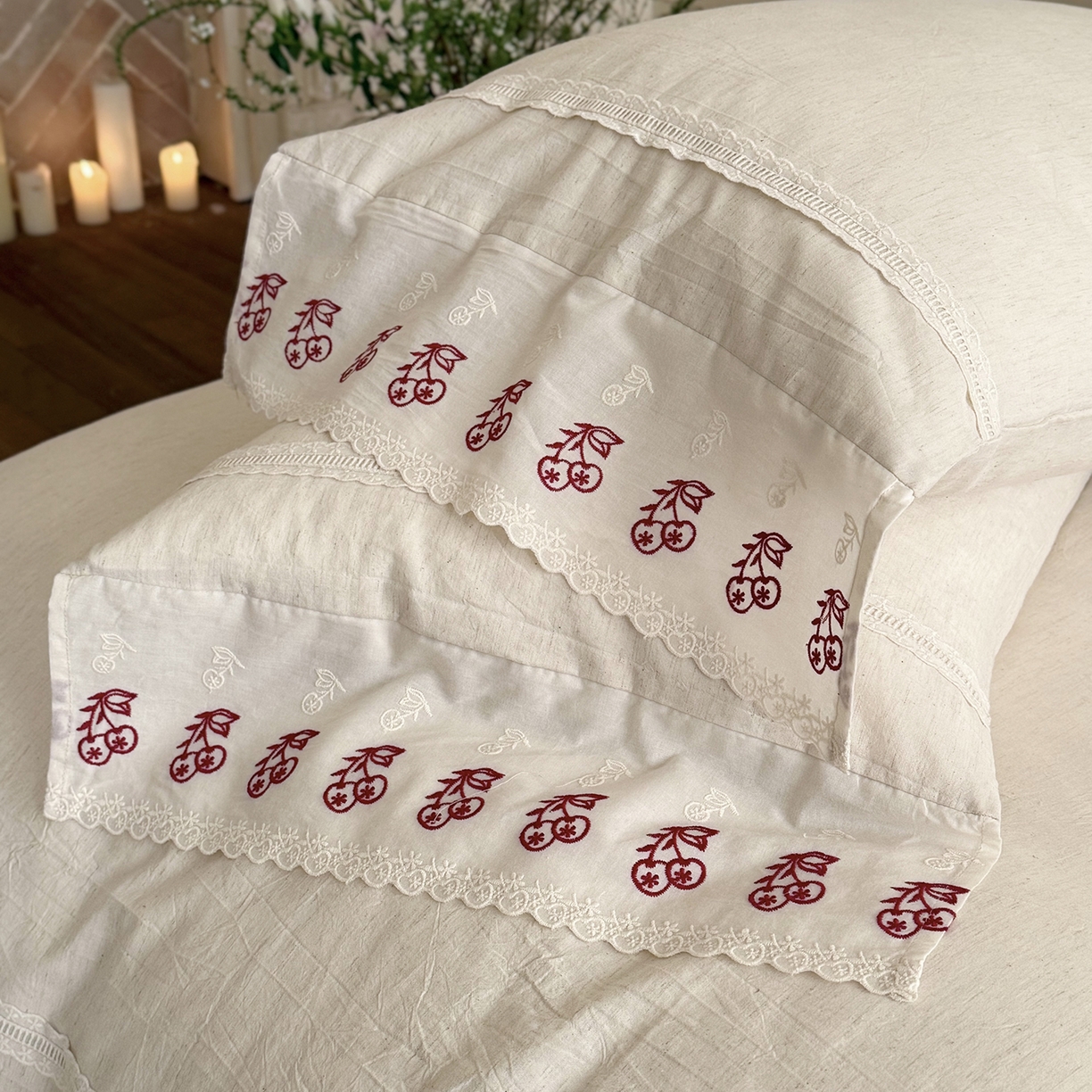 91家纺网 家纺一手货源 找家纺 MIU缪家居 2026新款亲肤舒适棉麻四件套-雾屿樱桃 麻本色