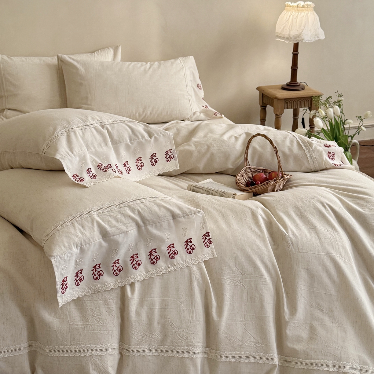 91家纺网 家纺一手货源 找家纺 MIU缪家居 2026新款亲肤舒适棉麻四件套-雾屿樱桃 麻本色