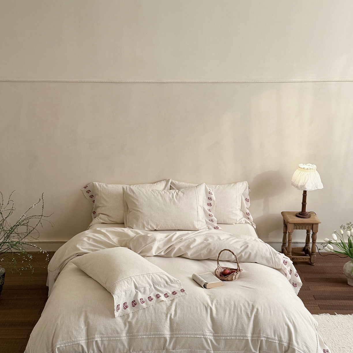 91家纺网 家纺一手货源 找家纺 MIU缪家居 2026新款亲肤舒适棉麻四件套-雾屿樱桃 麻本色