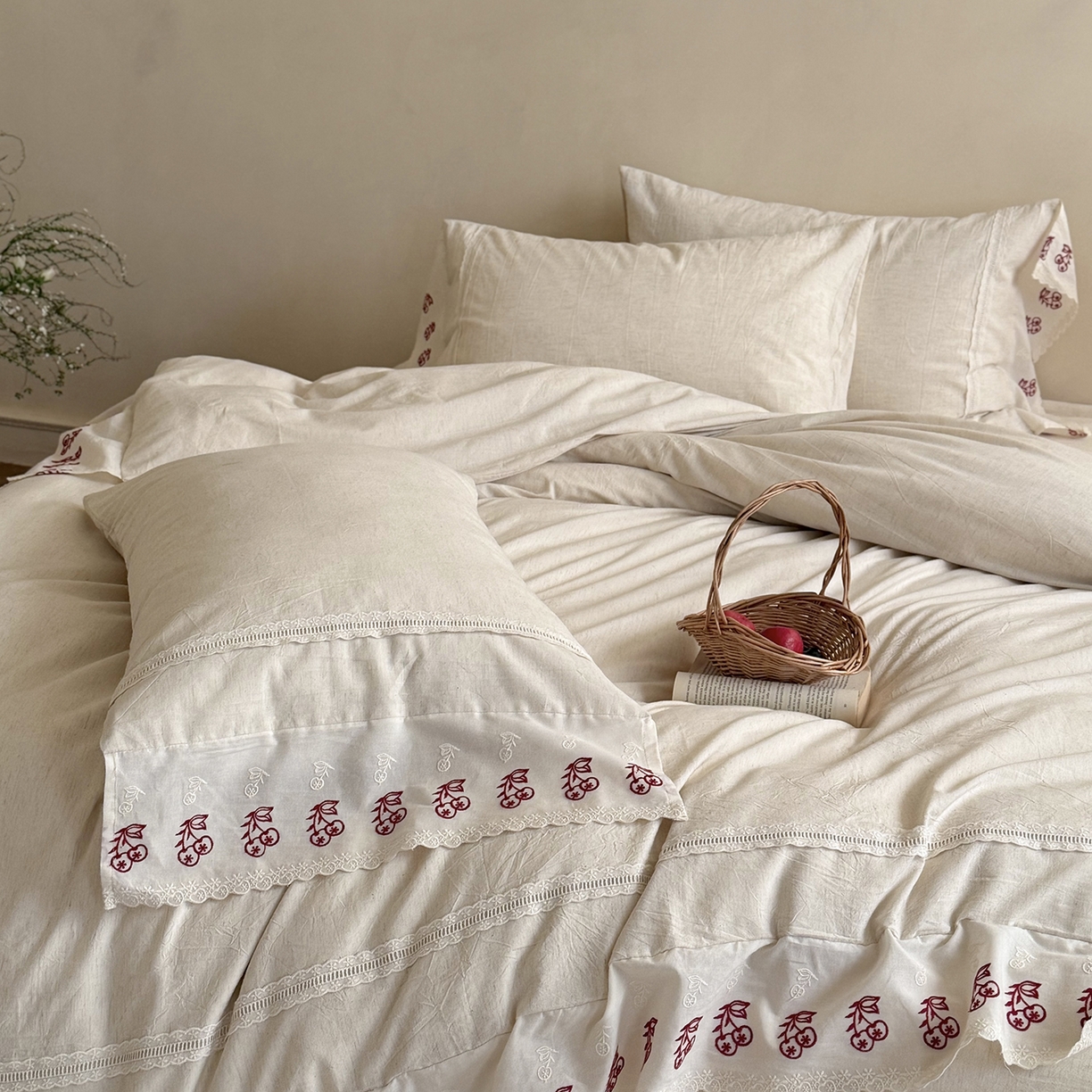 91家纺网 家纺一手货源 找家纺 （总）MIU缪家居 2026新款亲肤舒适棉麻四件套-雾屿樱桃