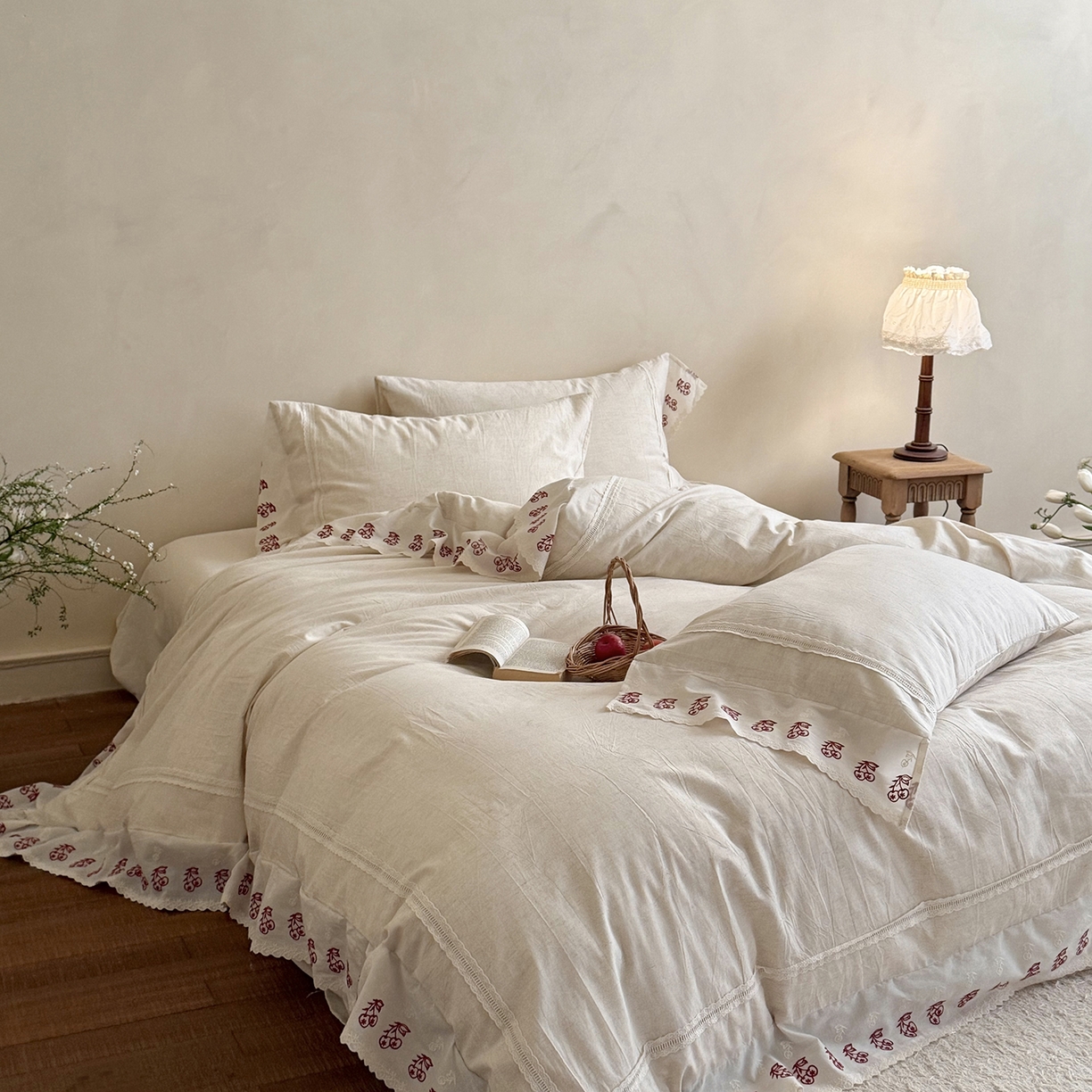 91家纺网 家纺一手货源 找家纺 （总）MIU缪家居 2026新款亲肤舒适棉麻四件套-雾屿樱桃